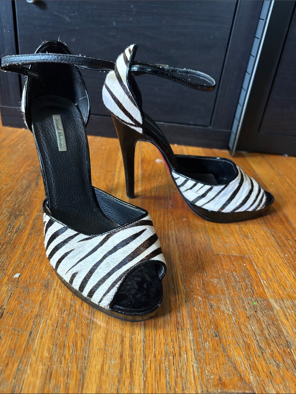 Zebra print pony hair open toe ankle strap heels - Michael Antonio brand